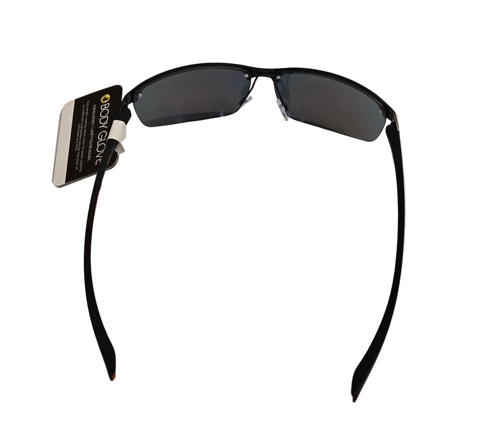 Black sunglasses with a tag on a light gray background