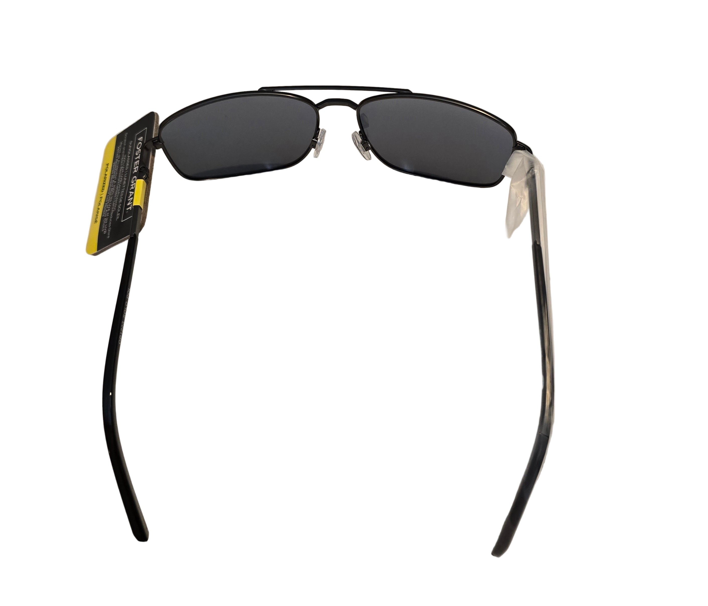 Black sunglasses with a yellow tag on a white background